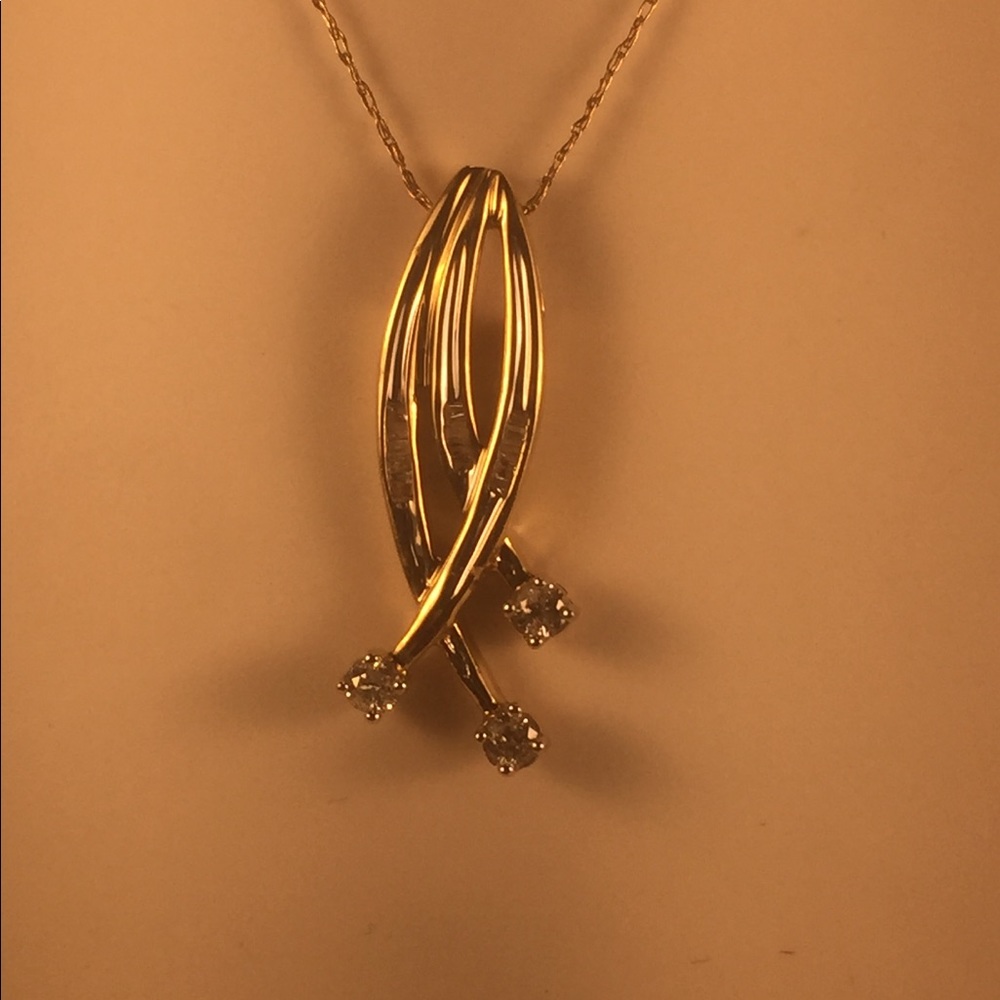 *Solid 10K 3-Bar Baguette & Round Diamond Pendant